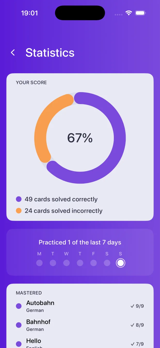 Statistics screen showing score, streak and mastered words